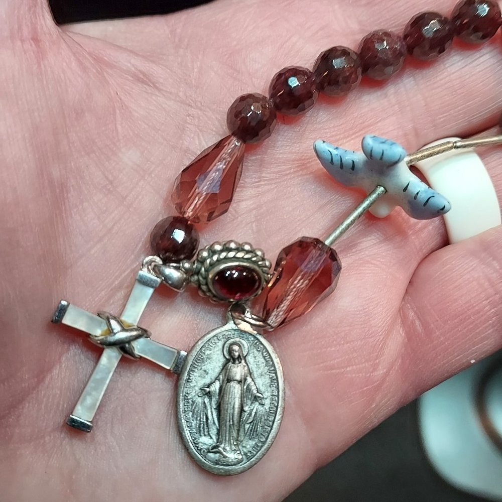 Natural Ruby Rosary w. Sterling, MOP cross, and Mary relic